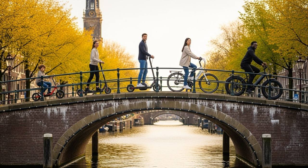 Easywiel — vijf personen op een Amsterdamse brug met elektrische voertuigen, Westerkerk-toren in de achtergrond